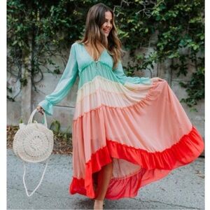 Vici ‘Wavelength Rainbow Tiered High Low Maxi Dress’